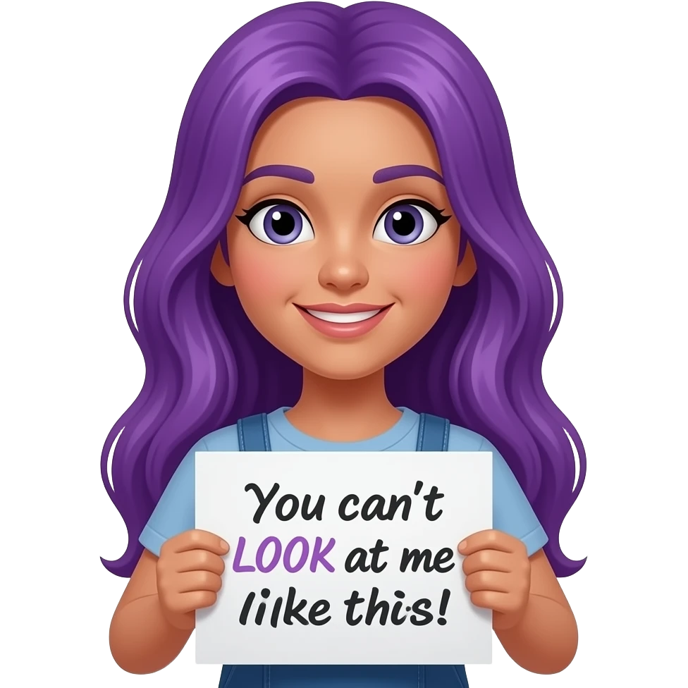 girl with long purple hair holding a You can't LOOK at me like this! sign emoji