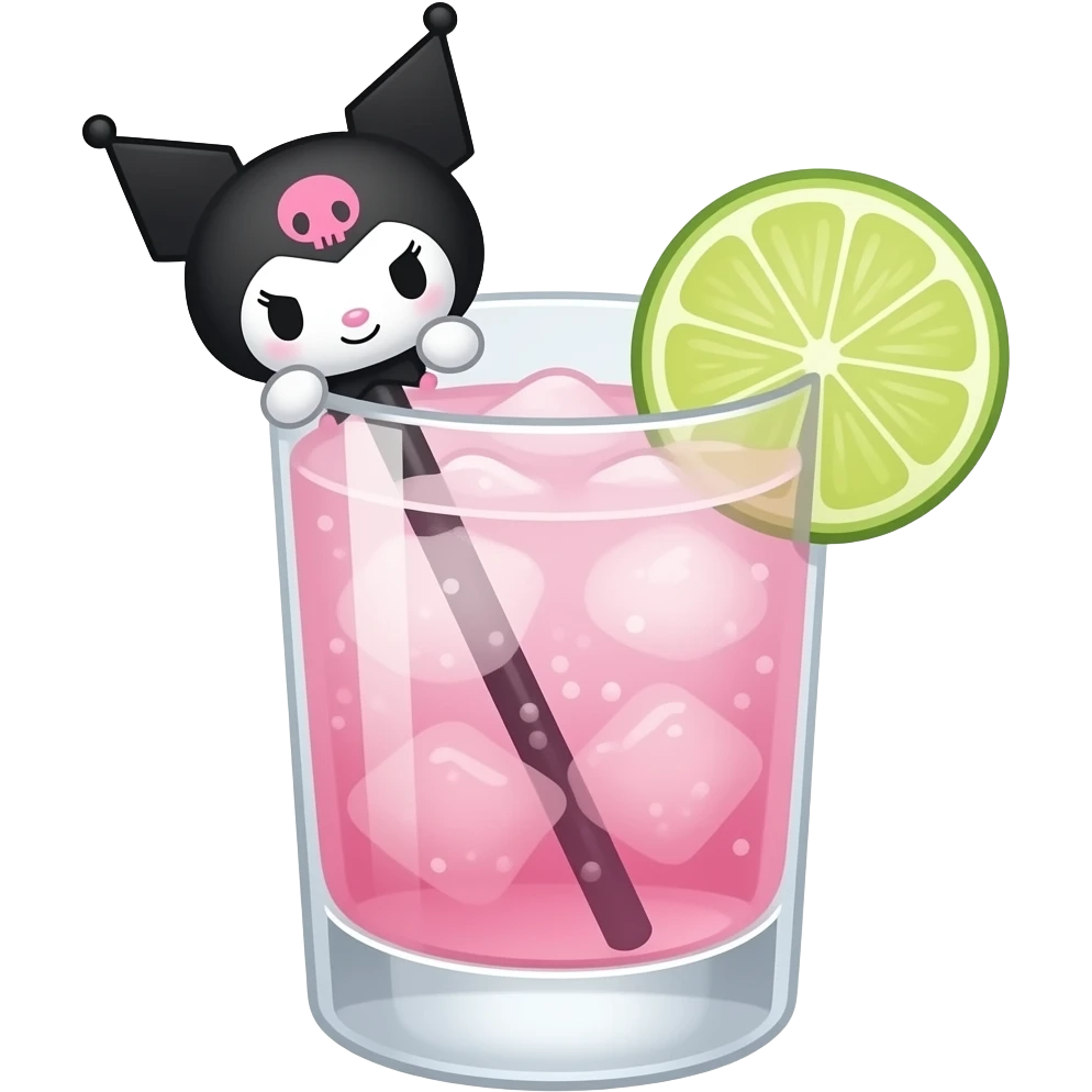 kuromi the sanrio character themed black and pink colored cocktail with actual illustration of kuromi as a garnish with no lime or lemon aside emoji