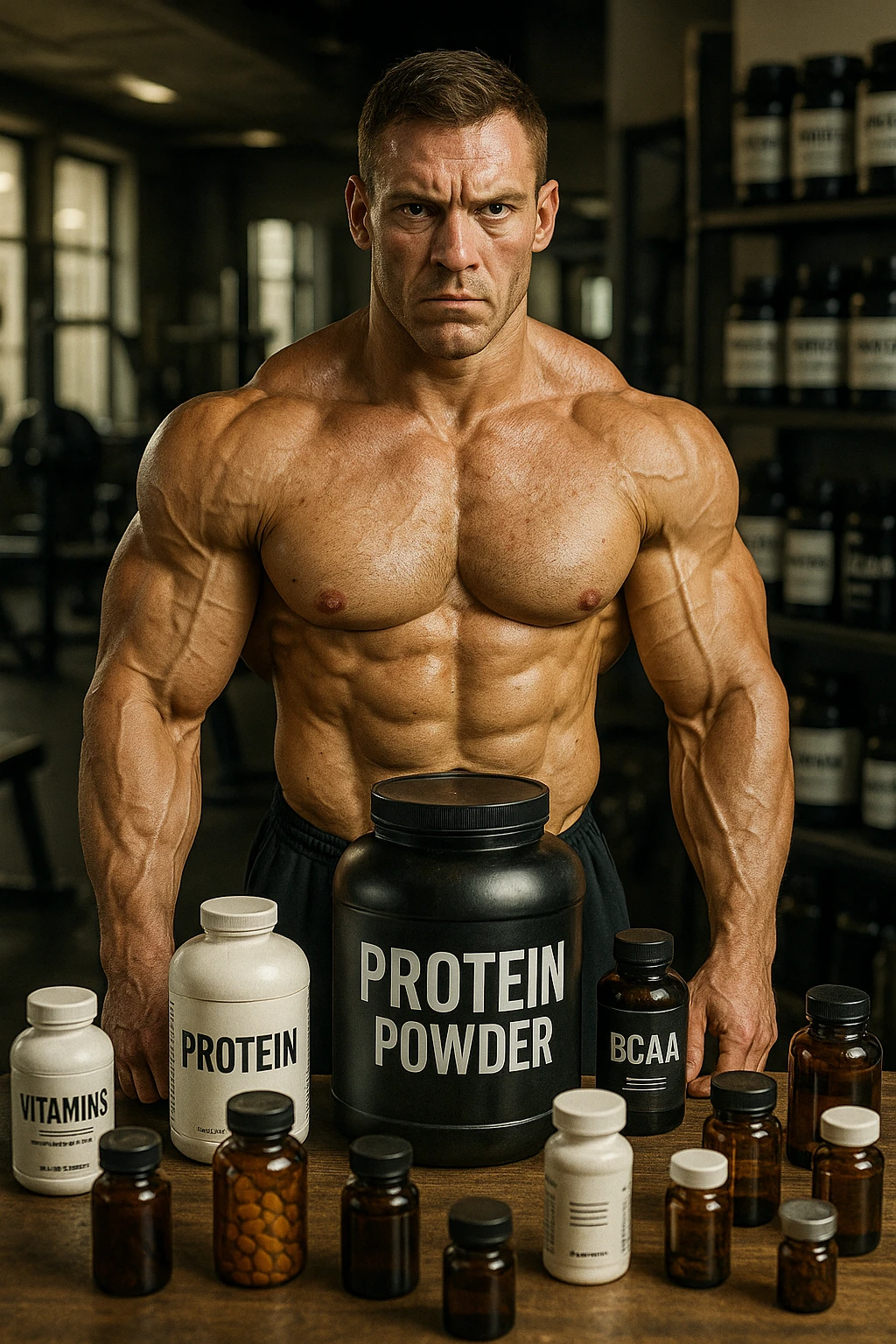 realistic muscular bodybuilder in a realistic environment, surrounded by supplements, with an expression communicating that results depend on effort, not just supplements, natural details, aspect ratio 2:3 emoji