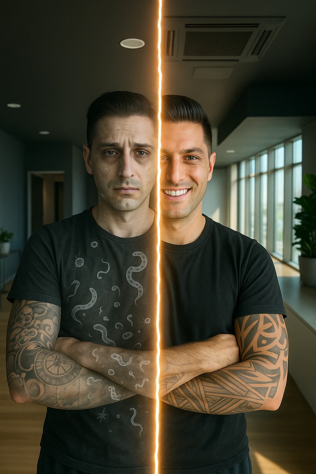 a man is depicted in two halves—on one side, he appears tired and weighed down, with faint, ghostly images of parasites visible inside his torso; on the other side, he is vibrant and healthy, with clear skin and bright eyes, the parasites gone. A visual transition or glowing line separates the two states, symbolizing recovery. emoji