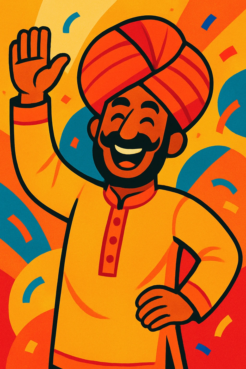 an Indian man wearing a kurta and turban, cheerful, festive look emoji