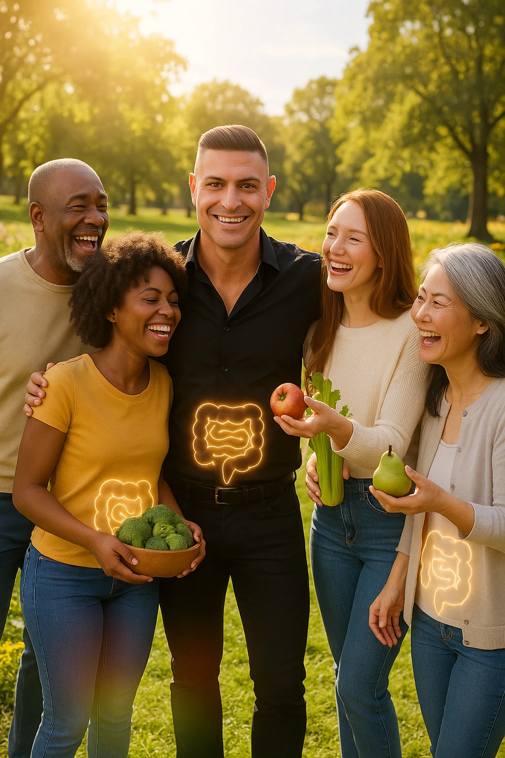  a smiling man stands at the center of a group of diverse, happy people in a bright park. Everyone has a subtle, glowing outline around their abdominal area, symbolizing a healthy gut. The group is laughing, sharing fresh fruits and vegetables, and the atmosphere is vibrant and full of energy. emoji