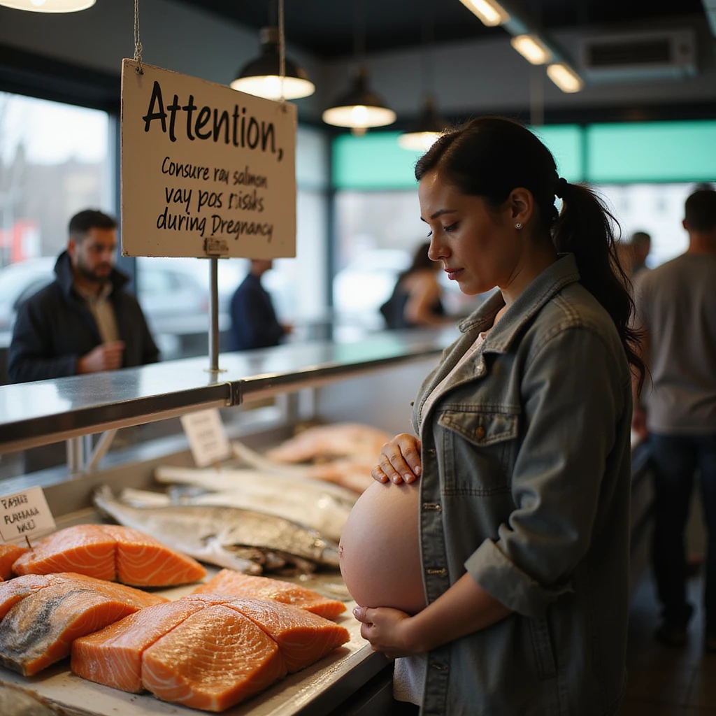 realistic pregnant woman in 4K reading a sign in a fish market that says: 'Attention, consuming raw salmon may pose risks during pregnancy' emoji