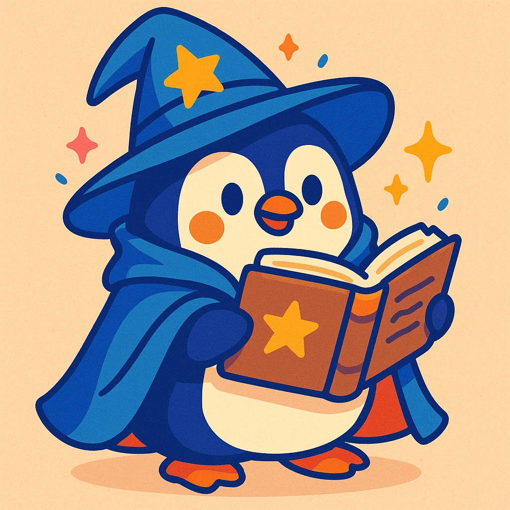 playful style chubby penguin with a wizard hat and cloak, holding an open spellbook emoji