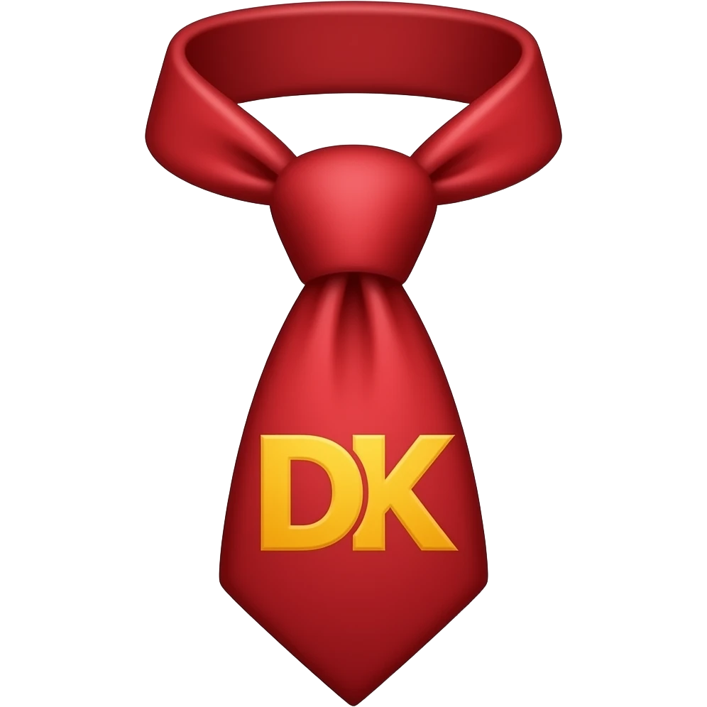 simple flat emoji of a bright red necktie with bold yellow “DK” letters, wide knot, smooth rounded shape, solid colors, no shading, clean vector, minimal design emoji