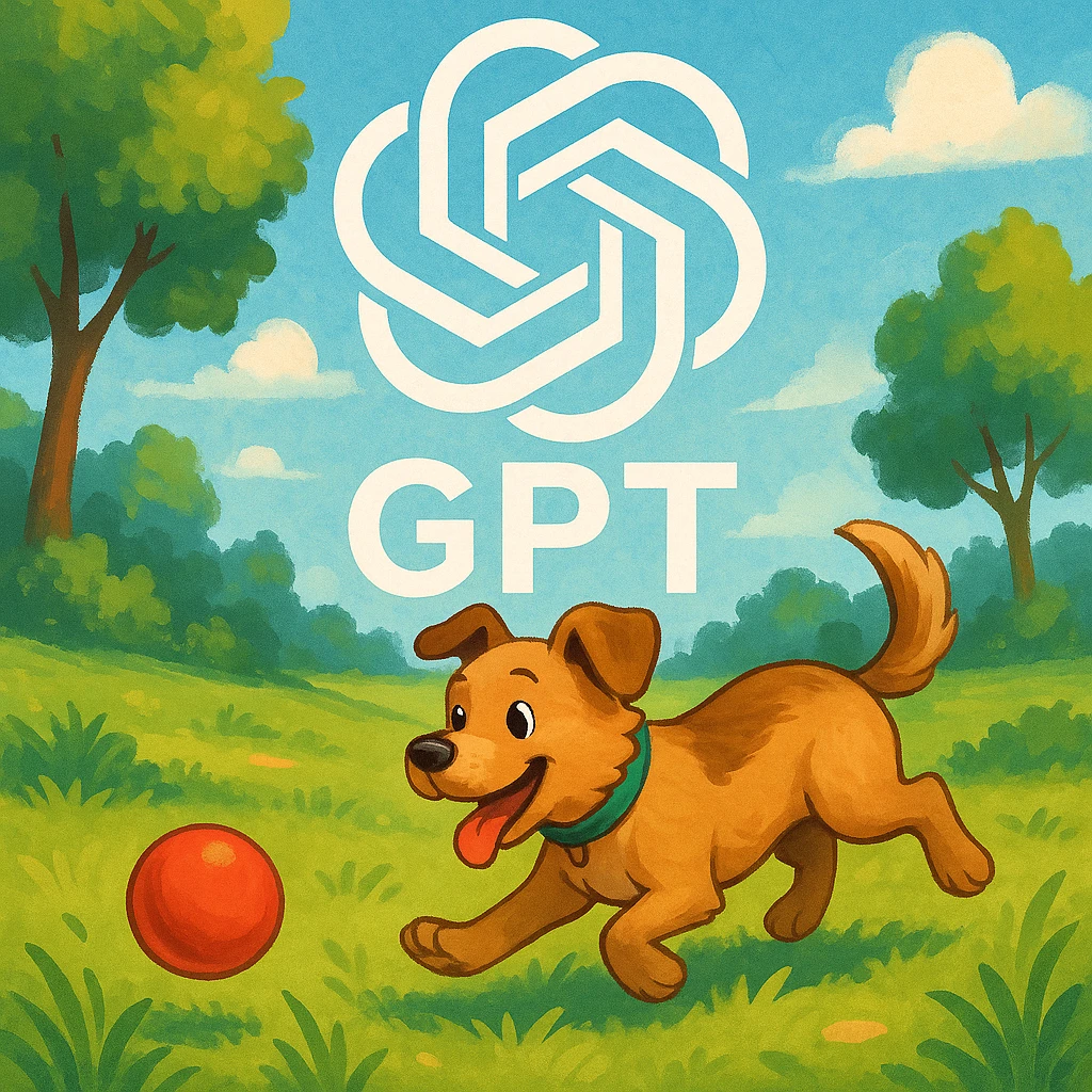 gpt image logo on the background of a dog chasing ball emoji