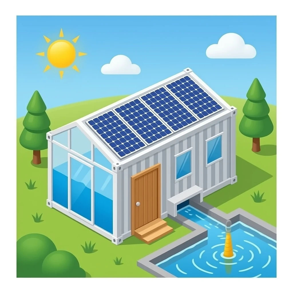 solar panel to Greenhouse Shipping Container to water recycling emoji