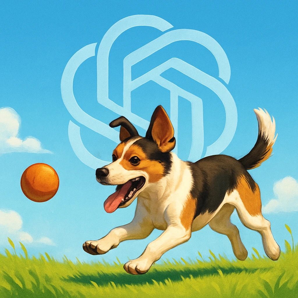chat gpt image logo on the background of a dog chasing ball emoji
