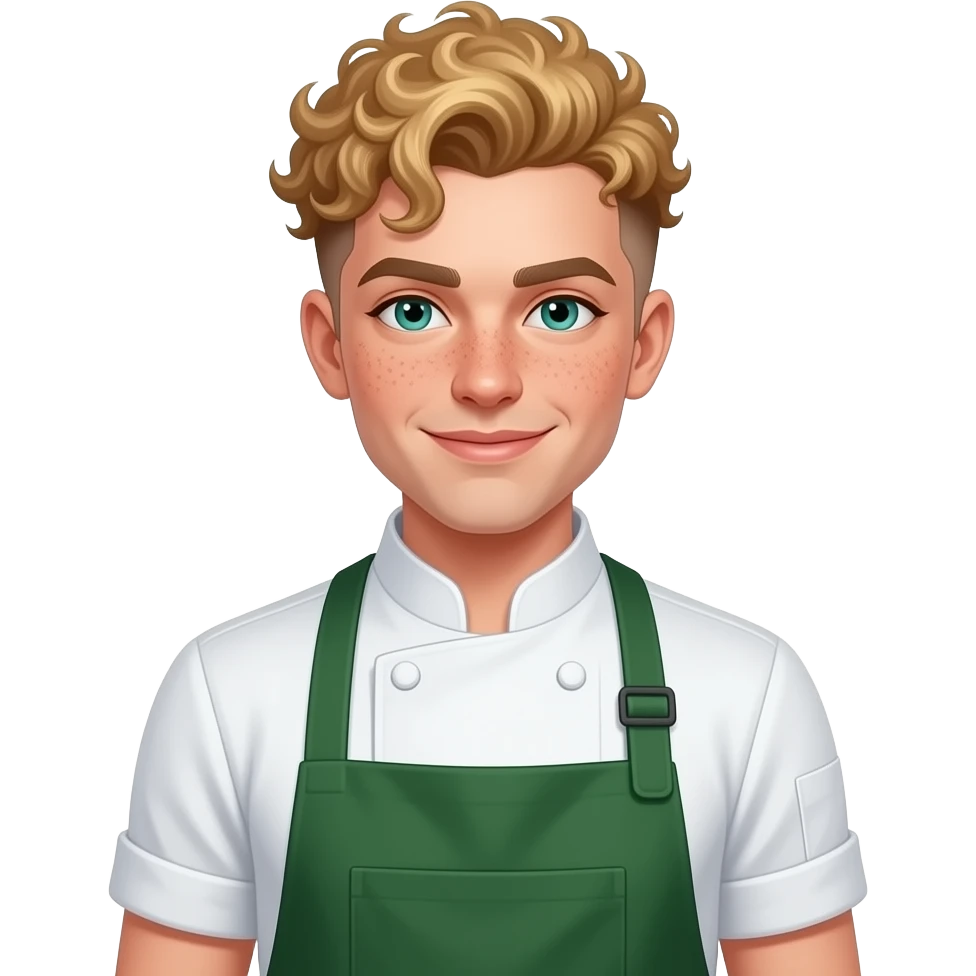 an androgynous lesbian chef with an apron and dirty blonde curls on top and with a tight fade on the sides - androgynous  short sleeve white button up with rolled sleeves, and a forest green apron. blue/green eyes, asymmetrical mouth closed smile and a few freckles emoji
