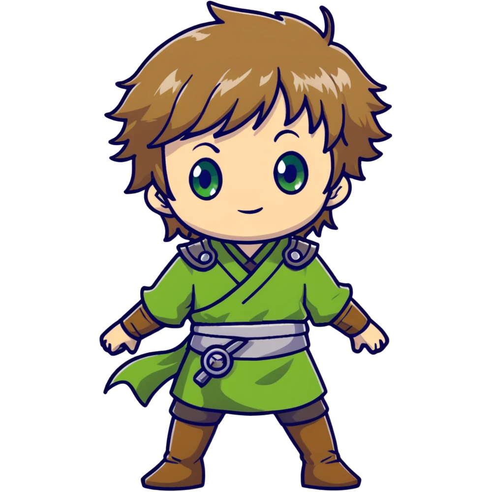 Young Rudeus Greyrat chibi, big green eyes, round face, messy light brown hair, wearing a tunic, cute and curious anime style emoji