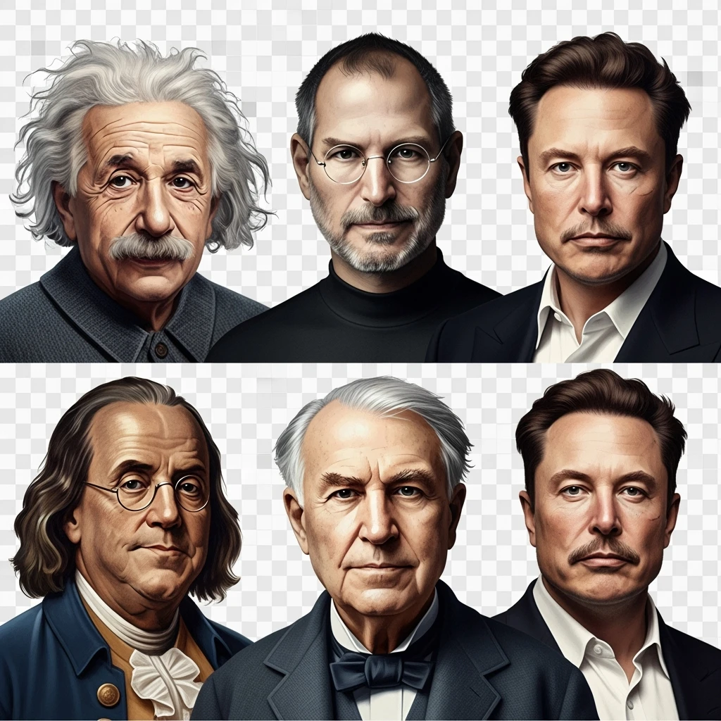 Generate in realistic style Franklin, Edison, Henry Ford in the first row, Einstein, Jobs and Musk in the second behind them. png on transparent background emoji