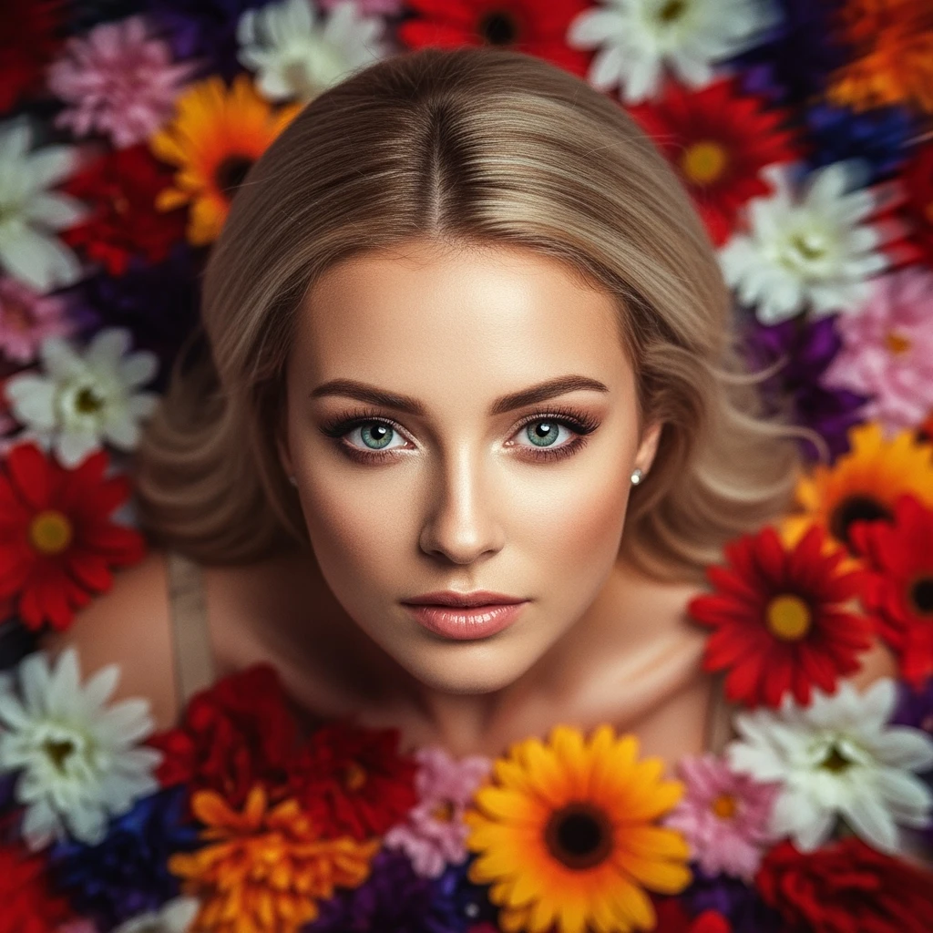 Top-down camera, extreme closeup portrait of a gorgeous woman with colorful flowers all around, cinematic lighting, 8K, very sharp, intricate details, deep foreground, midground, background, strong motion blur emoji