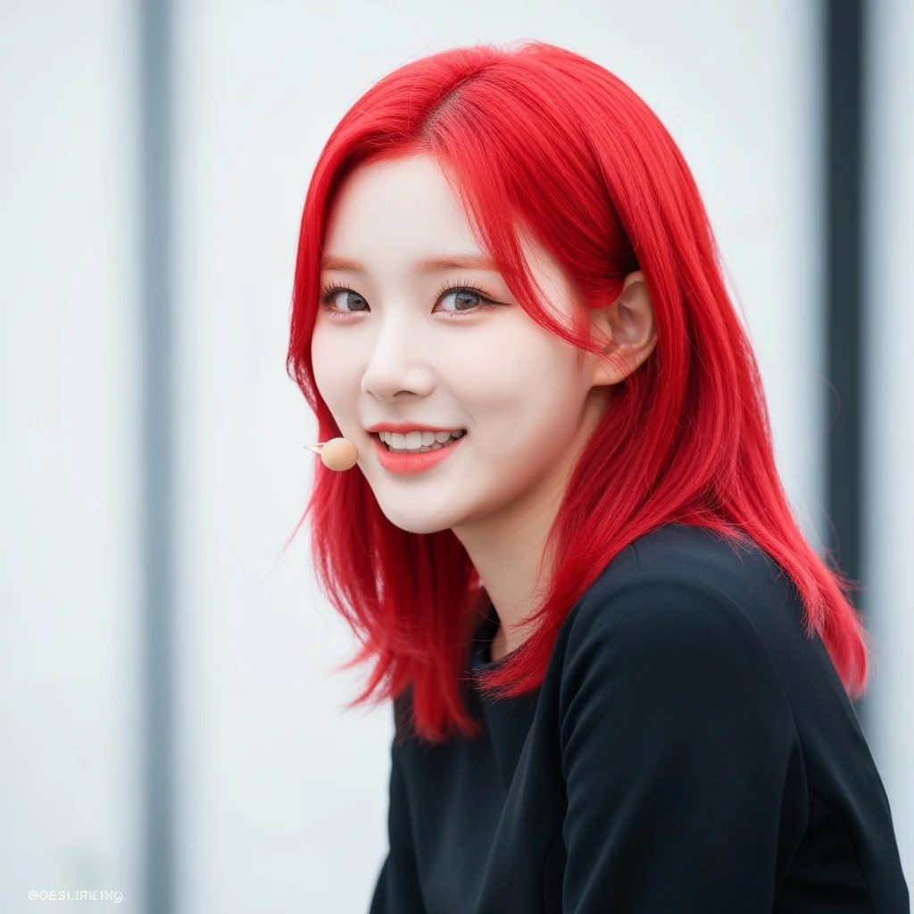 kpop girl with red hair, cute, expressive, minimal emoji