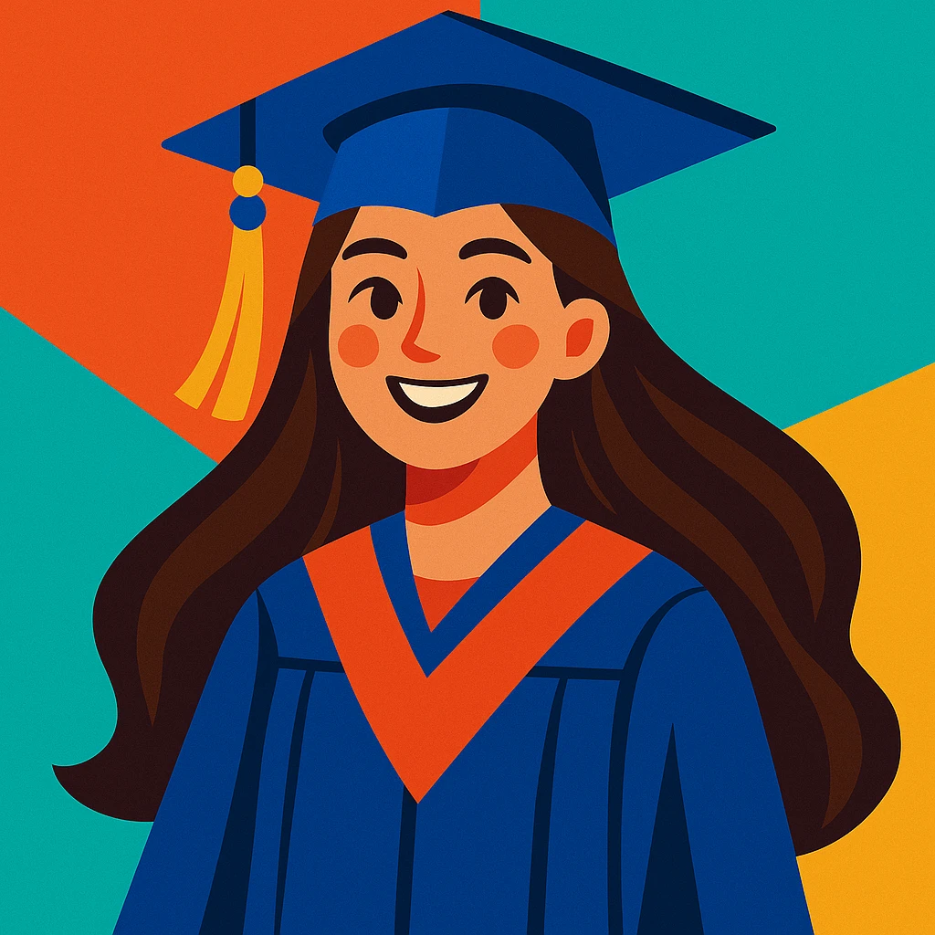 girl with long brown hair smiling wearing graduation hat and robe, vibrant colorful style emoji