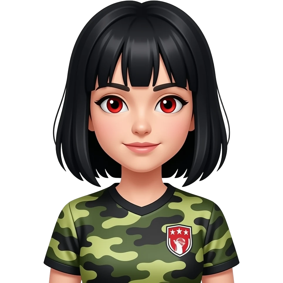 Girl with black hair and red eyes wearing a camo soccer jersey emoji