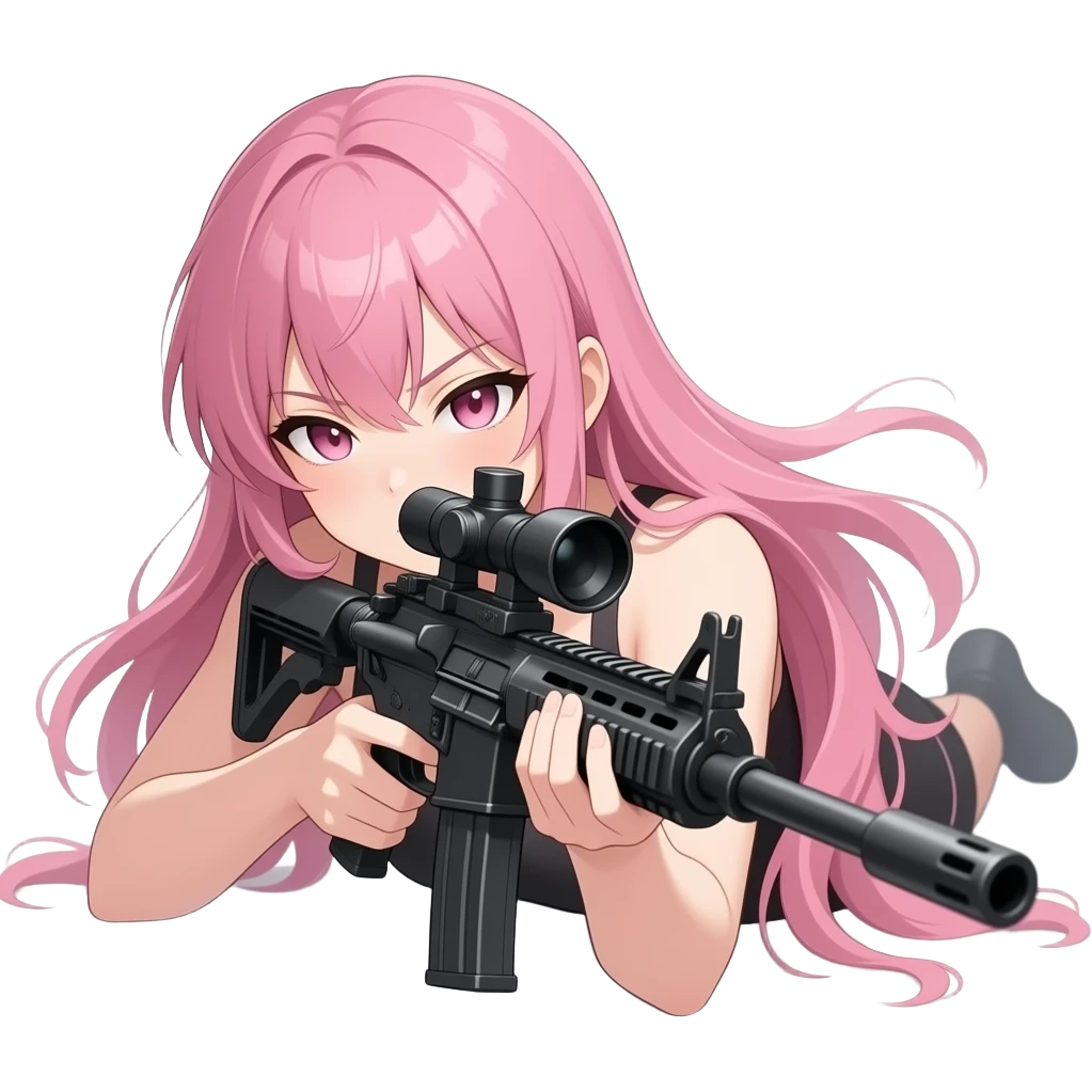 Anime girl with long pink hair, intense expression, holding a sniper rifle, lying prone in a focused shooting position, subtle breathing motion, hair slightly moving in the wind, eyes locked on target, calm but deadly aura, soft ambient lighting, minimal background, cinematic anime style emoji