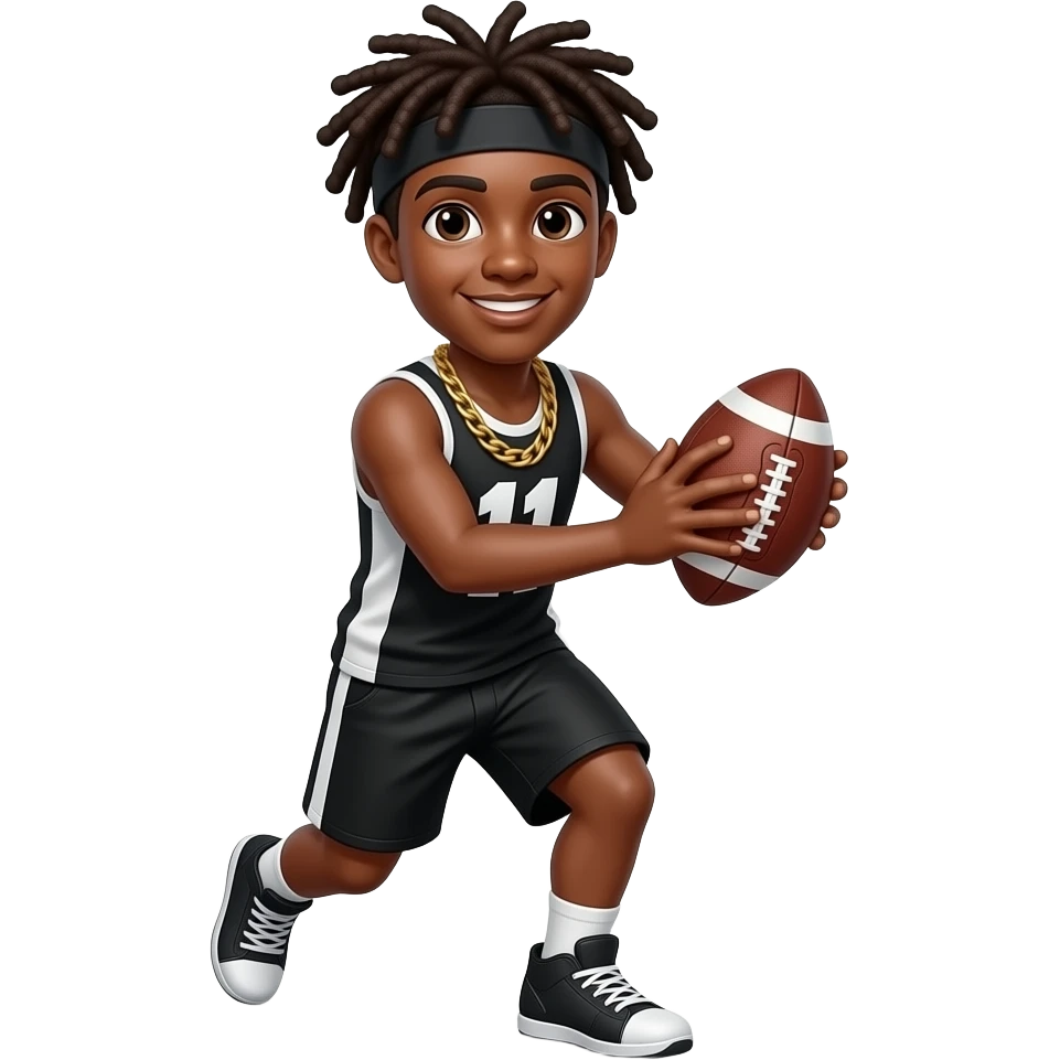 Brown skin teenager with dreads with a black white tank top and black shorts and gold chain #11 catching a football emoji