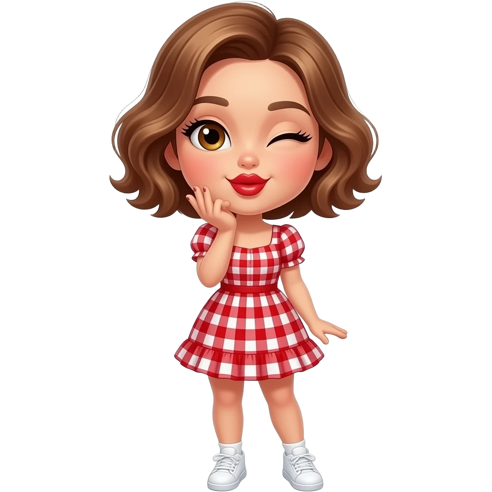 glamours,-tanned,-very-beautiful-girl,-with-big-plump-red-lips,-long-long-lashes,-honey-silky-very short- hair,-wavy-hair,-hazel-eyes- wearing- red-gingham-frill - dress- white-sneakers-winking-and-blowing-a-kiss-from-hand-full-body emoji