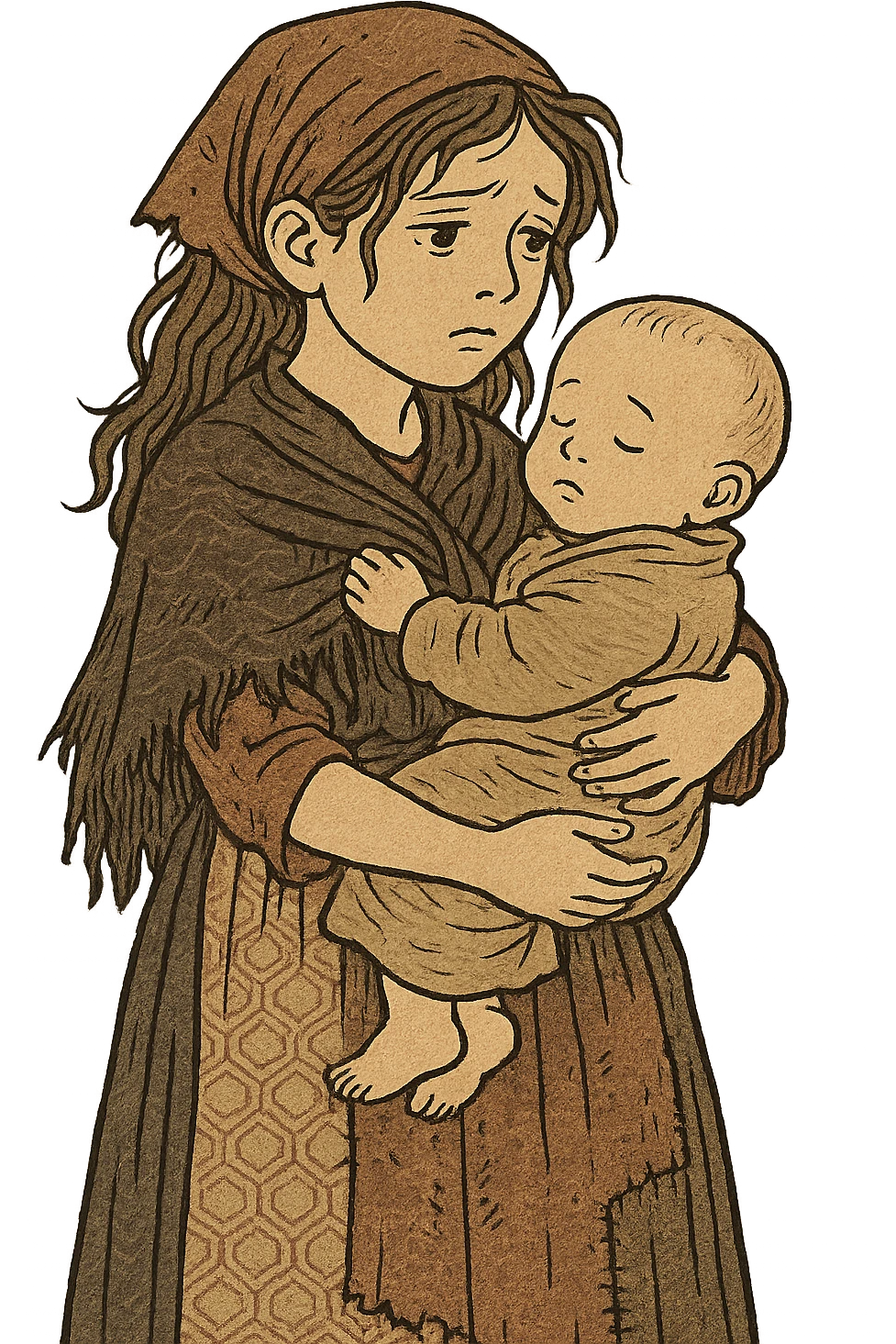 A poor victorian girl from the slums holding her baby brother emoji