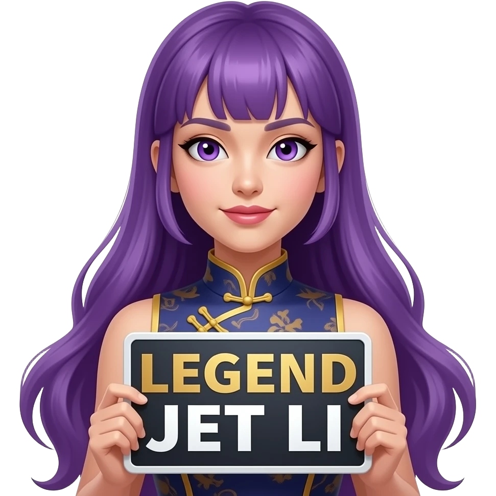 sexy girl with long purple hair and purple eyes holding a LEGEND JET LI sign emoji