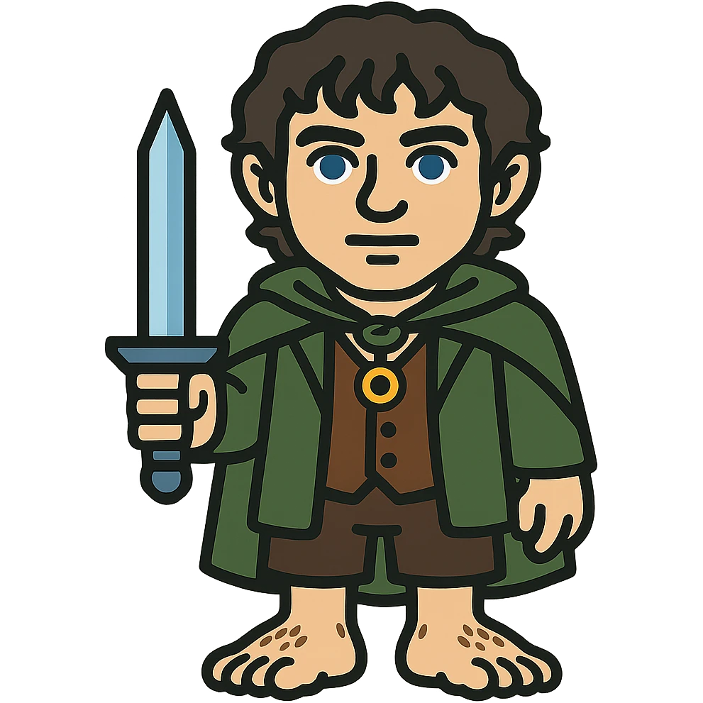 Whole body image of Frodo Baggins from the lord of the rings movie in pixel art style. Make Frodo look like the actor that portrayed him in the movie, Elijah Wood, blue eyes and dark curly hair. Frodo is wearing the same green elven cloak with the leaf buckle, brown vest, cream undershirt, dark brown leather short pants, and hairy hobbit feet. He is wearing a golden yellow ring on a necklace. he's also holding the same blue sword that bilbo is holding in the reference image. emoji