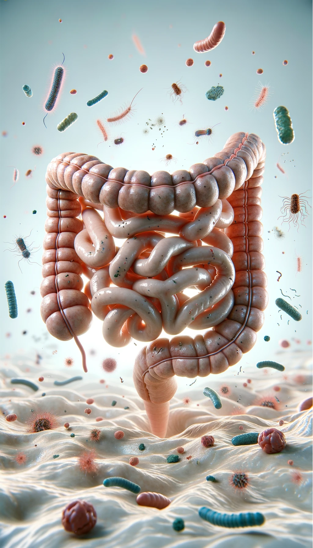 intestino umano realistico con batteri e parassiti che gli fluttuano intorno, sfondo chiaro, iperrealistico 4k emoji