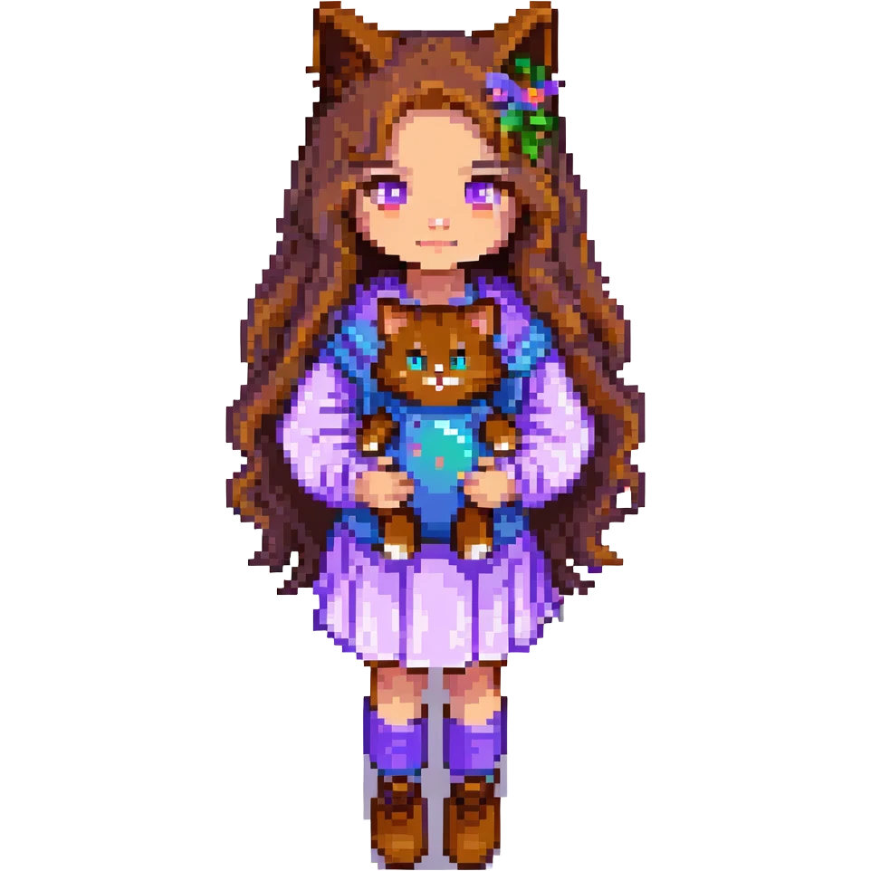 Add a simple, cheerful background to the scene with a girl with long, wavy brown hair, brown eyes, purple clothes, and a three-color cat, in pixel art style. emoji