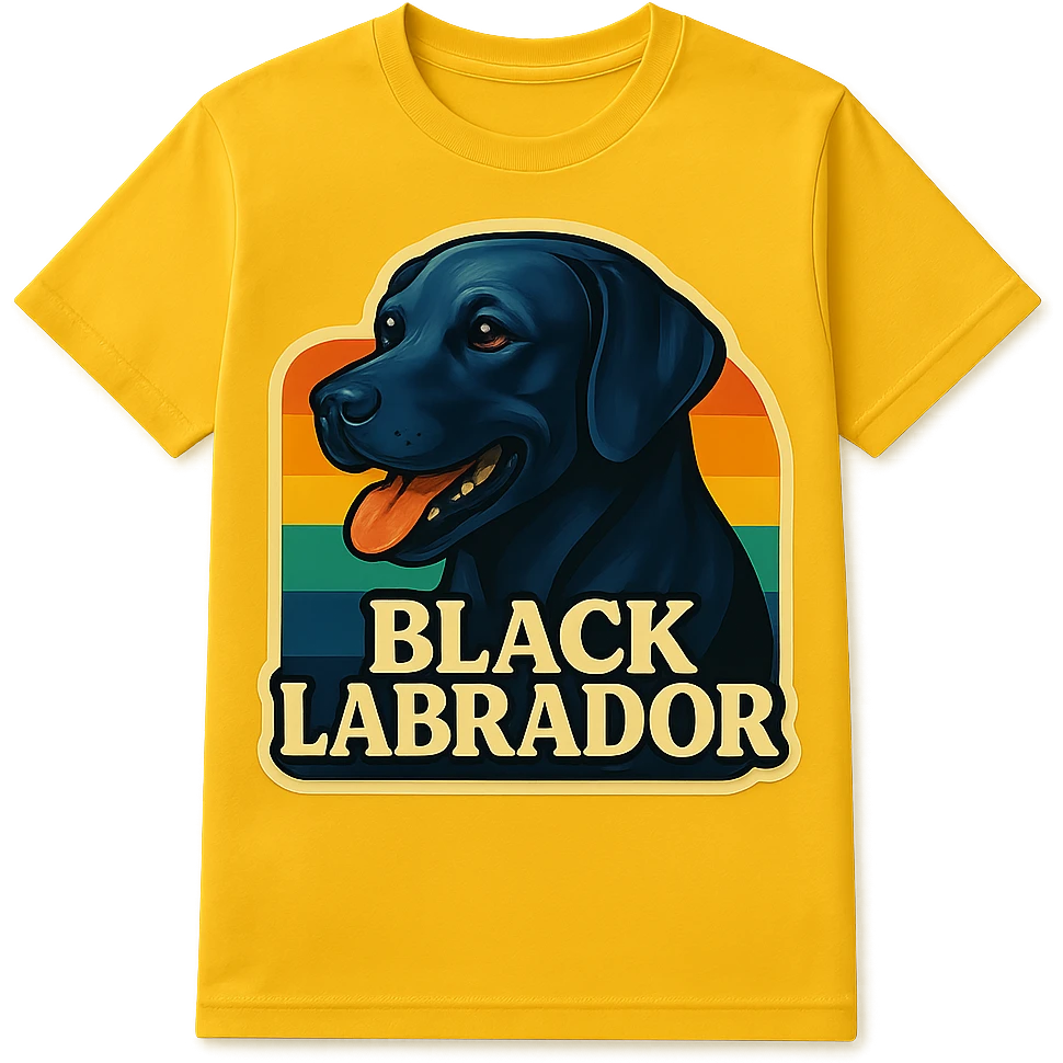 Place the black labrador retriever graphic on a yellow t-shirt, preserving the vintage retro style with classic colors and nostalgic design elements. emoji