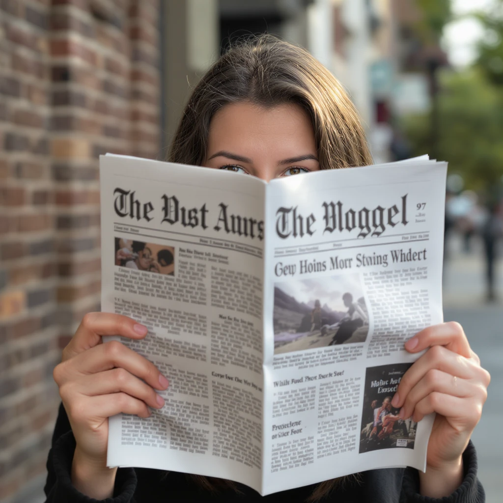 a person holding a newspaper up to their face as if reading, only hands and newspaper visible, photorealistic, natural light emoji
