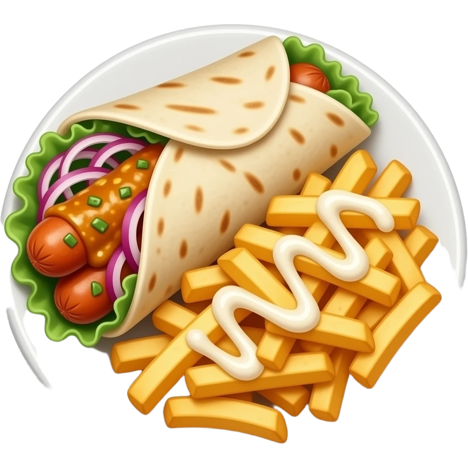 white plate with currywurst, gyro with red onions and fries with mayo emoji