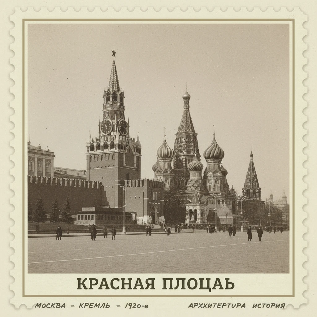 Марка на которой изображен Красная площадь с Кремлем. Кремль на переднем плане крупно

Стиль марки такой же, как на прикрепленном фото emoji