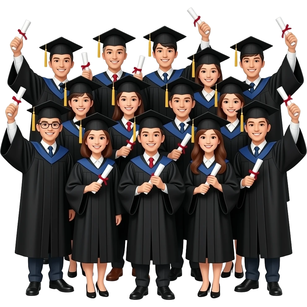 Group photo of 12 people wearing black graduation gowns and caps, holding diplomas, celebrating, university campus background, realistic, high quality photo emoji