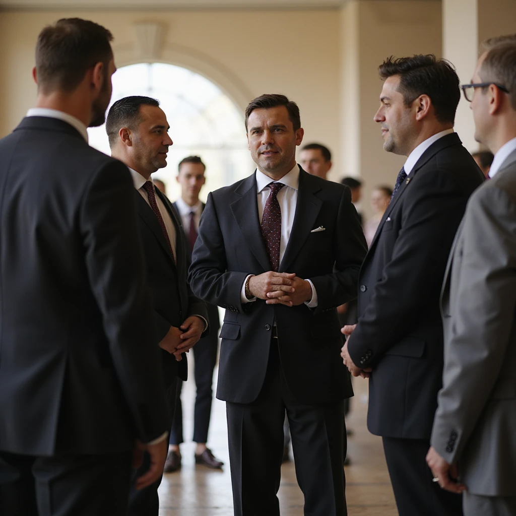 an indian in formal attire standing talking to a group with casual attire emoji
