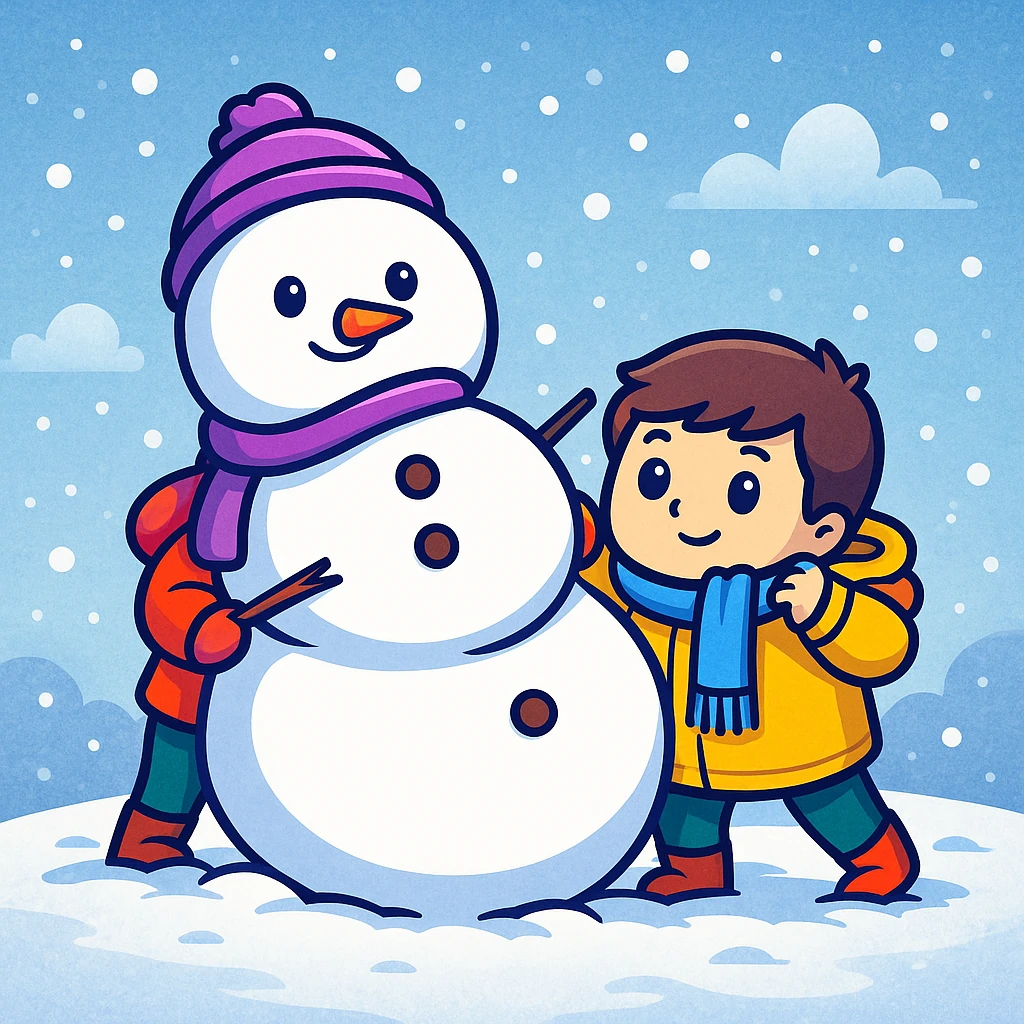 Add a snowy background behind the kids building a snowman, keep the original sticker style emoji
