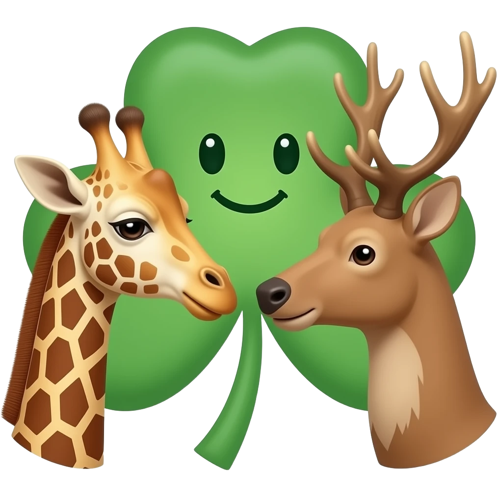 Einfacher Giraffenkopf und Elchkopf schauen sich an mit Kleeblatt emoji