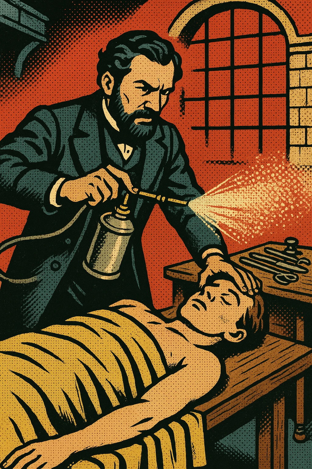 A victorian surgeon like Joseph Lister using a carbolic acid spray during an operation on a patient who is on a wooden operating table. There are surgical tools on a bench to the side and this takes place in a victorian operating room emoji