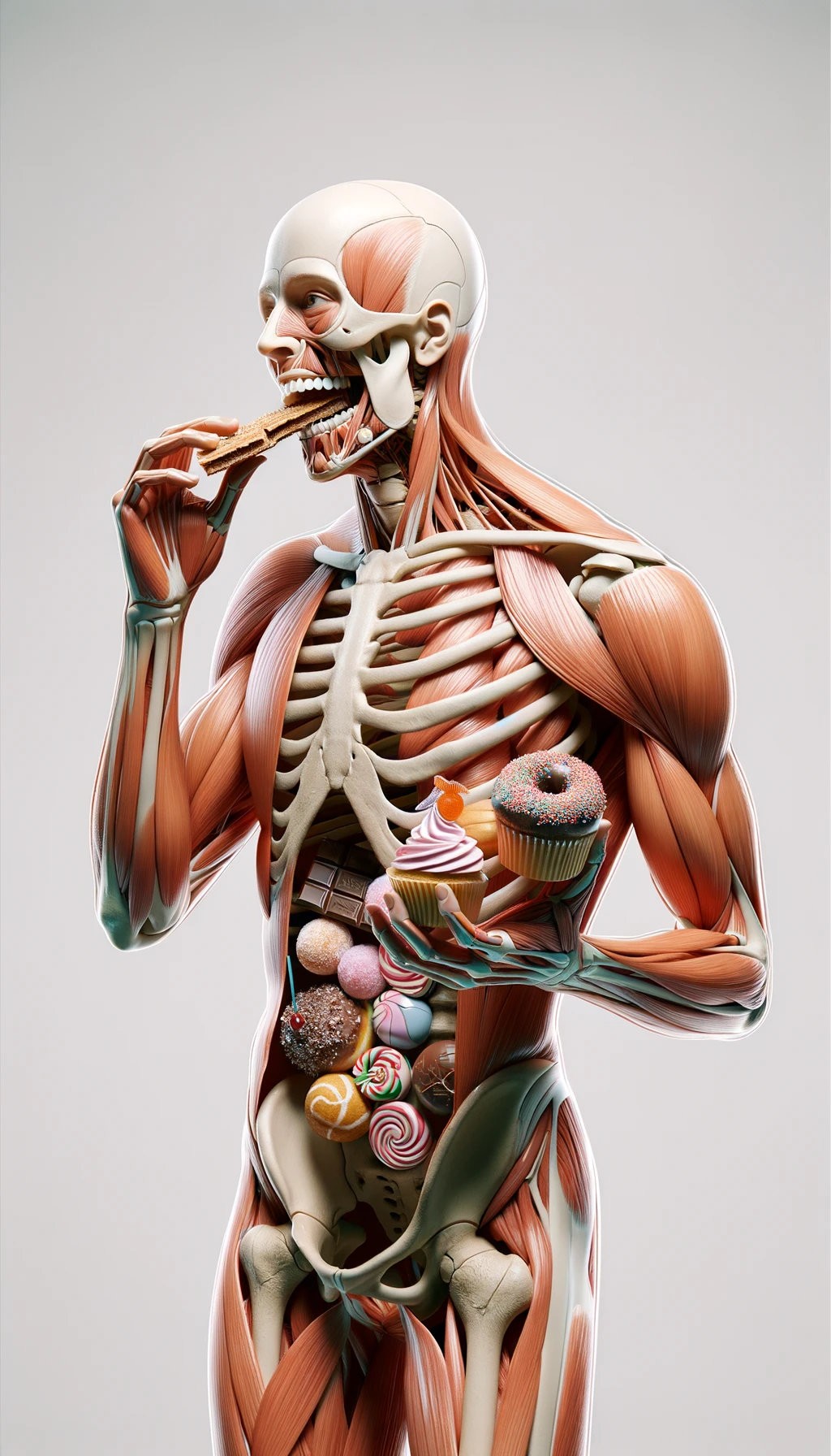 corpo umano anatomico in piedi a figura intera che si abbuffa di dolci e zuccheri, iperrealistico 4k, isolato su sfondo bianco emoji