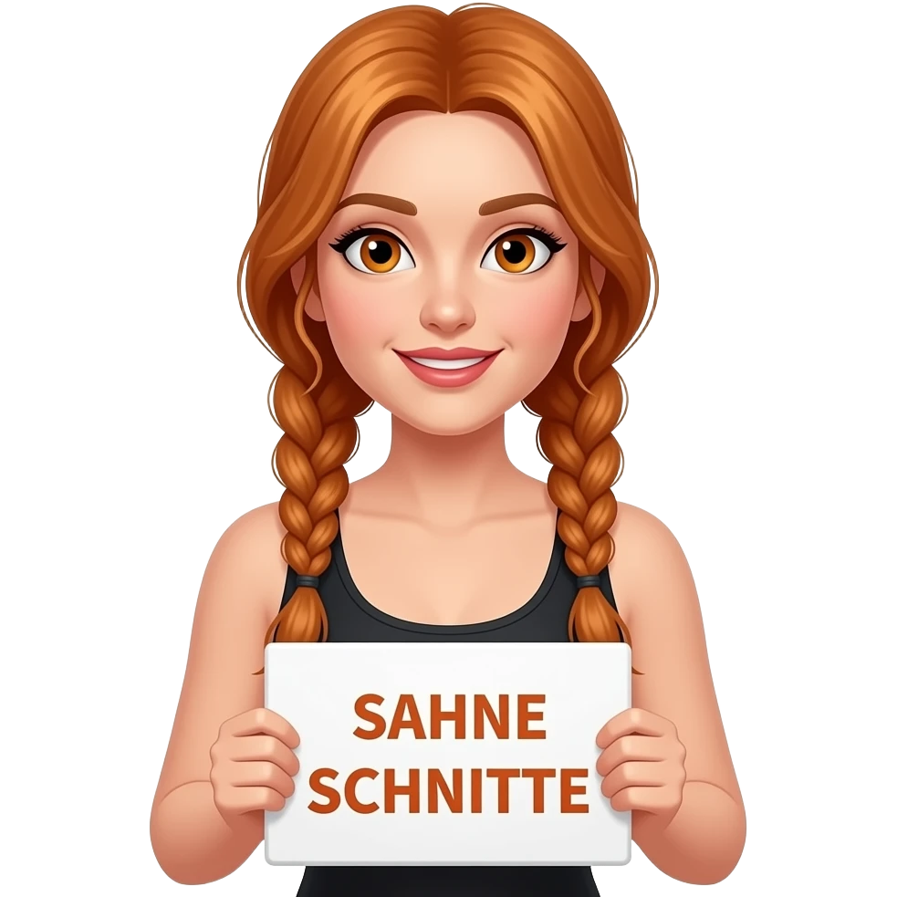 sexy girl with long ginger braids and ginger eyes wearing a black tanktop is holding a white sign with SAHNE SCHNITTE written on it emoji