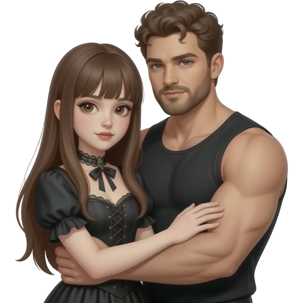 realistic pretty pale skin long straight brown hair girl brown eyes long face wearing gothic dress and gothic makeup HD and her muscular man short brown curly hair and beard hugging emoji