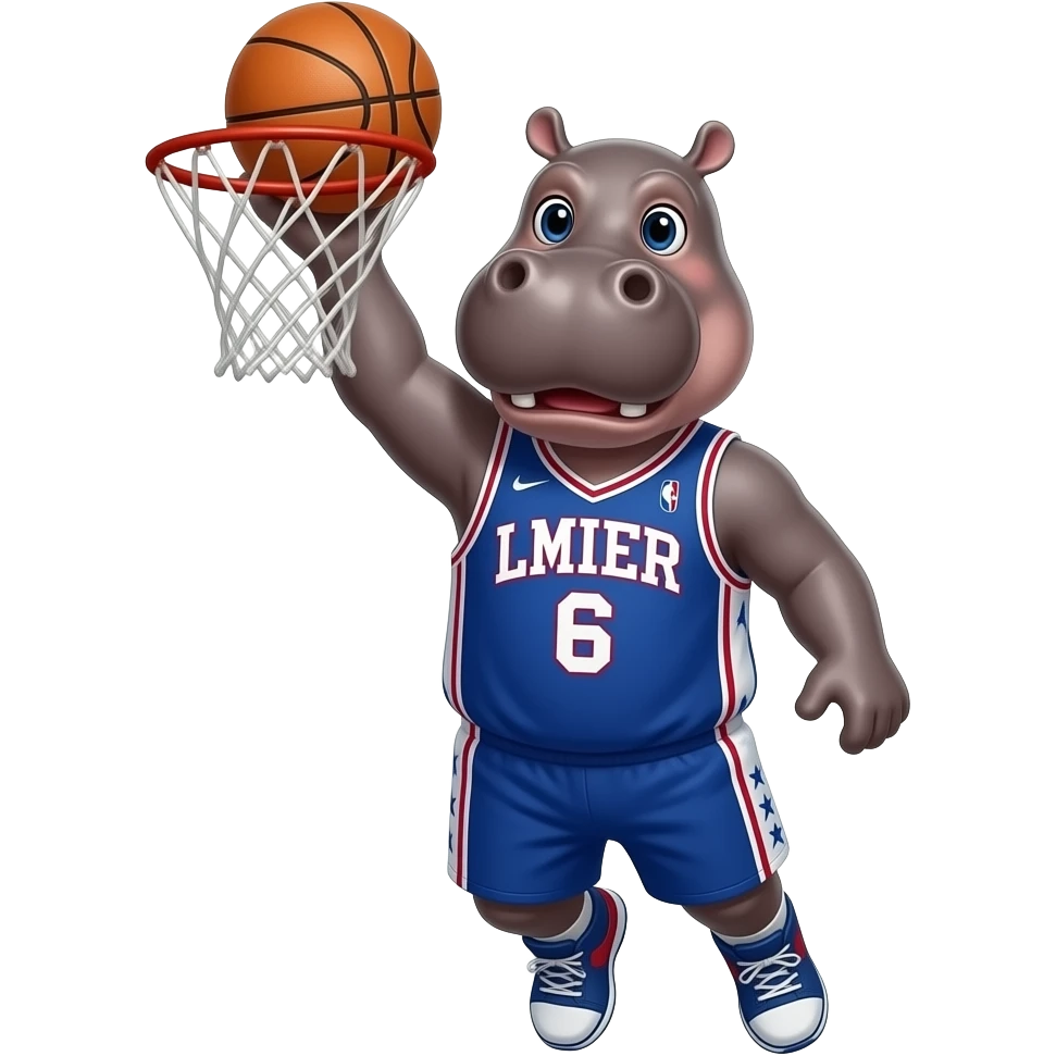 hippopotamus wearing sixers number 6 basketball jersey dunk emoji