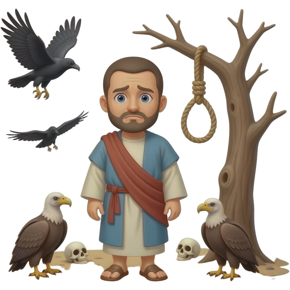 A full bodied short hair man with a sad look on his face , wearing old clothing from biblical times , in a desolate barren land, with vultures on the ground, cros flying in the air and skull on the ground, standing in front of a dead tree, with a rope noose hanging from a tree limb emoji
