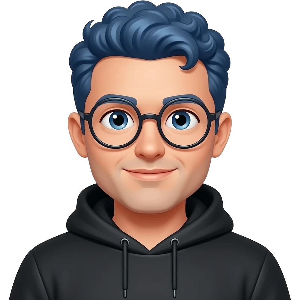 adult boy with curly blue hairs with galsses and wear black hoodie emoji