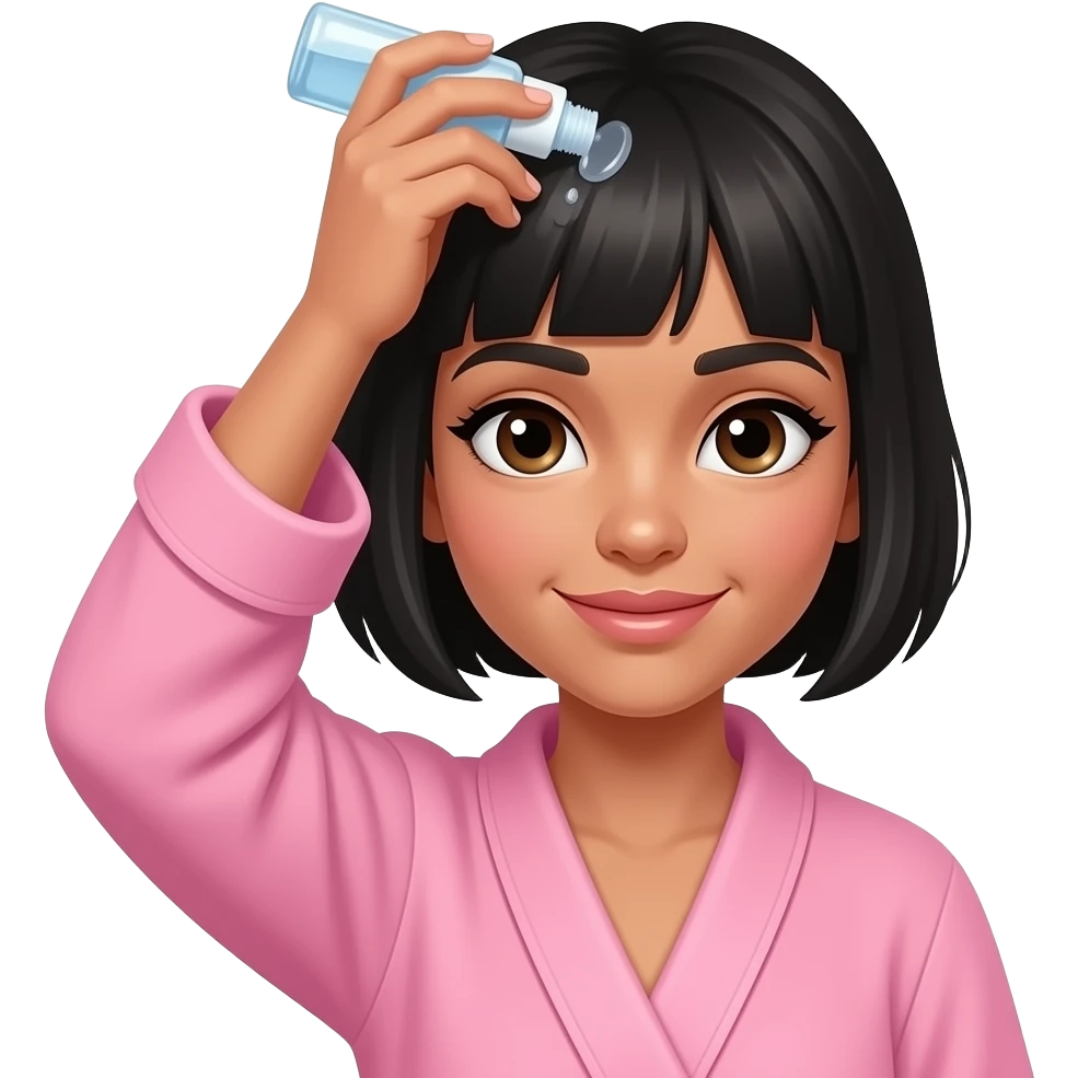 White girl taking care of her black short hair by giving herself a hair tonic massage, wearing a pink robe, iPhone emoji style emoji