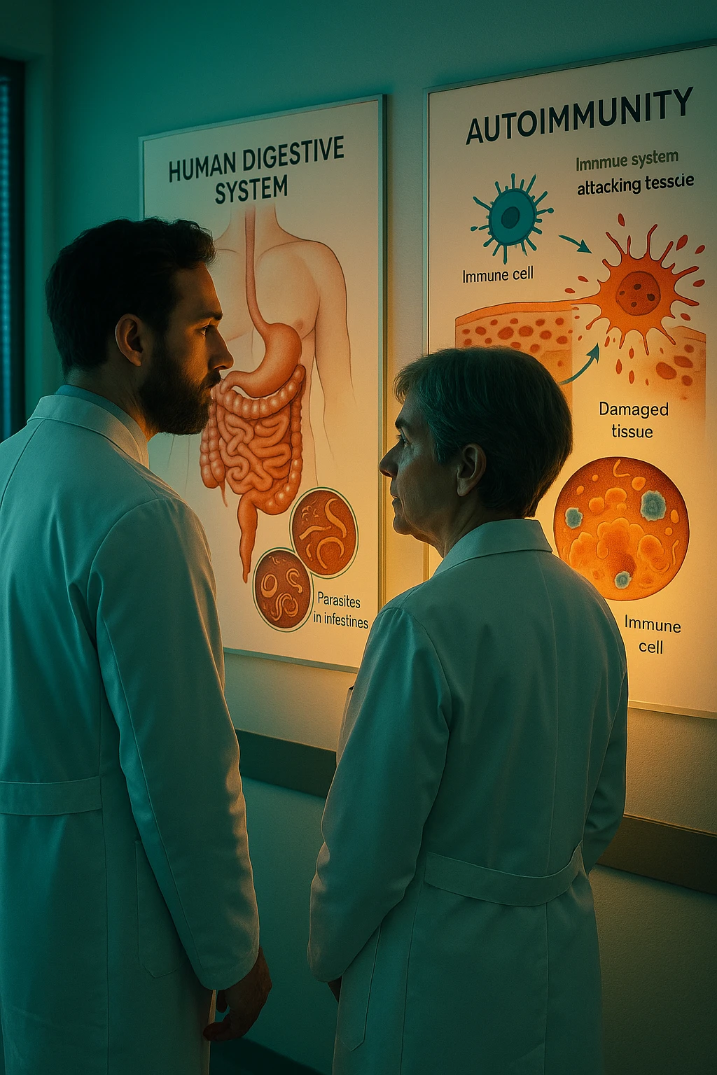 Realistic, detailed photo taken from behind of two doctors—a bearded man and a middle-aged woman—standing side by side in a modern medical office, intently studying a large, illuminated medical chart on the wall. The chart displays a detailed diagram of the human digestive system, highlighting the intestines and showing microscopic images of intestinal parasites. Next to it, another chart illustrates the immune system attacking healthy tissues, visually connecting gut parasites to autoimmune disease mechanisms. The room is bathed in a single green-blue color, with a warm, yellow-orange light casting soft shadows around the doctors. Both wear white coats and have serious, focused expressions, suggesting a deep discussion about the root causes of autoimmune conditions. Shot with a Canon EOS R5, with high detail, natural depth of field, and a clinical yet dramatic atmosphere. emoji