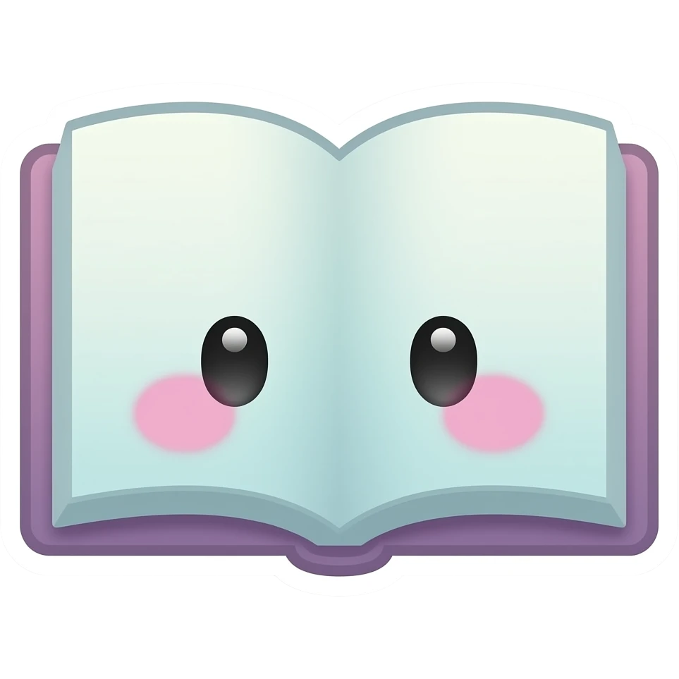 Книга - плоский Стикер дизайн, мультяшная иллюстрация, пастельные цвета, округлые формы, без глаз, без лица, толстый мягкий контур, каваи стиль emoji