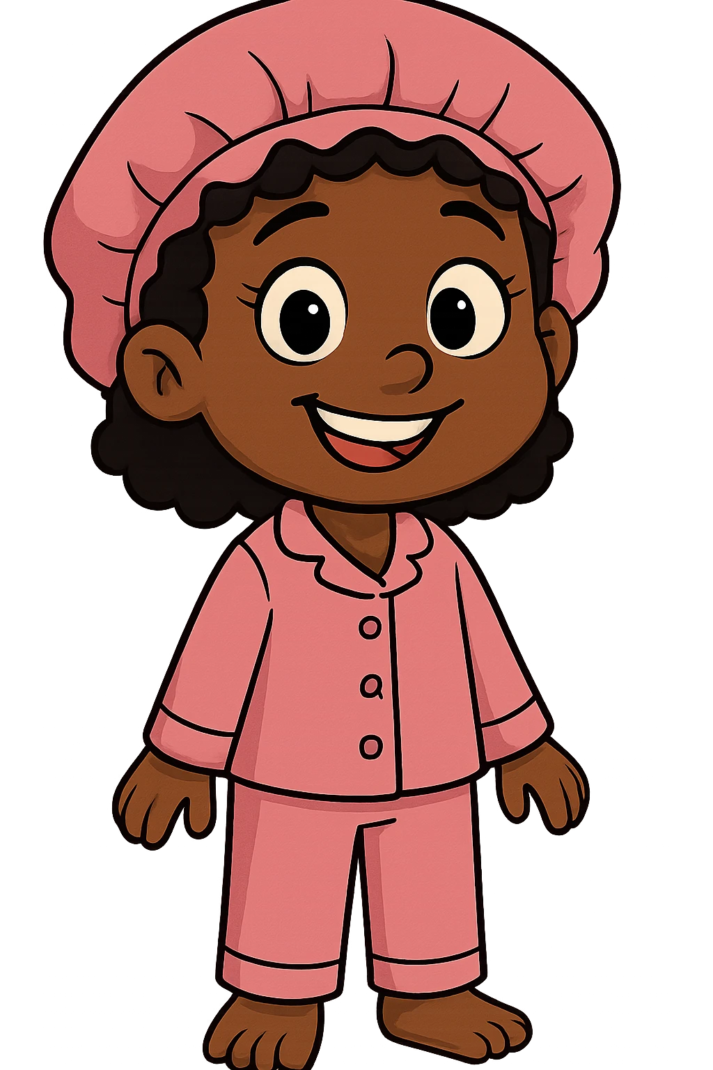 cartoon style smiling black girl in pink pajamas and a pink satin bonnet, no background emoji