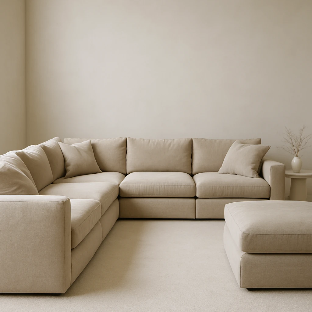 Large U-shaped sofa, plush cushions, inviting, simple setting emoji