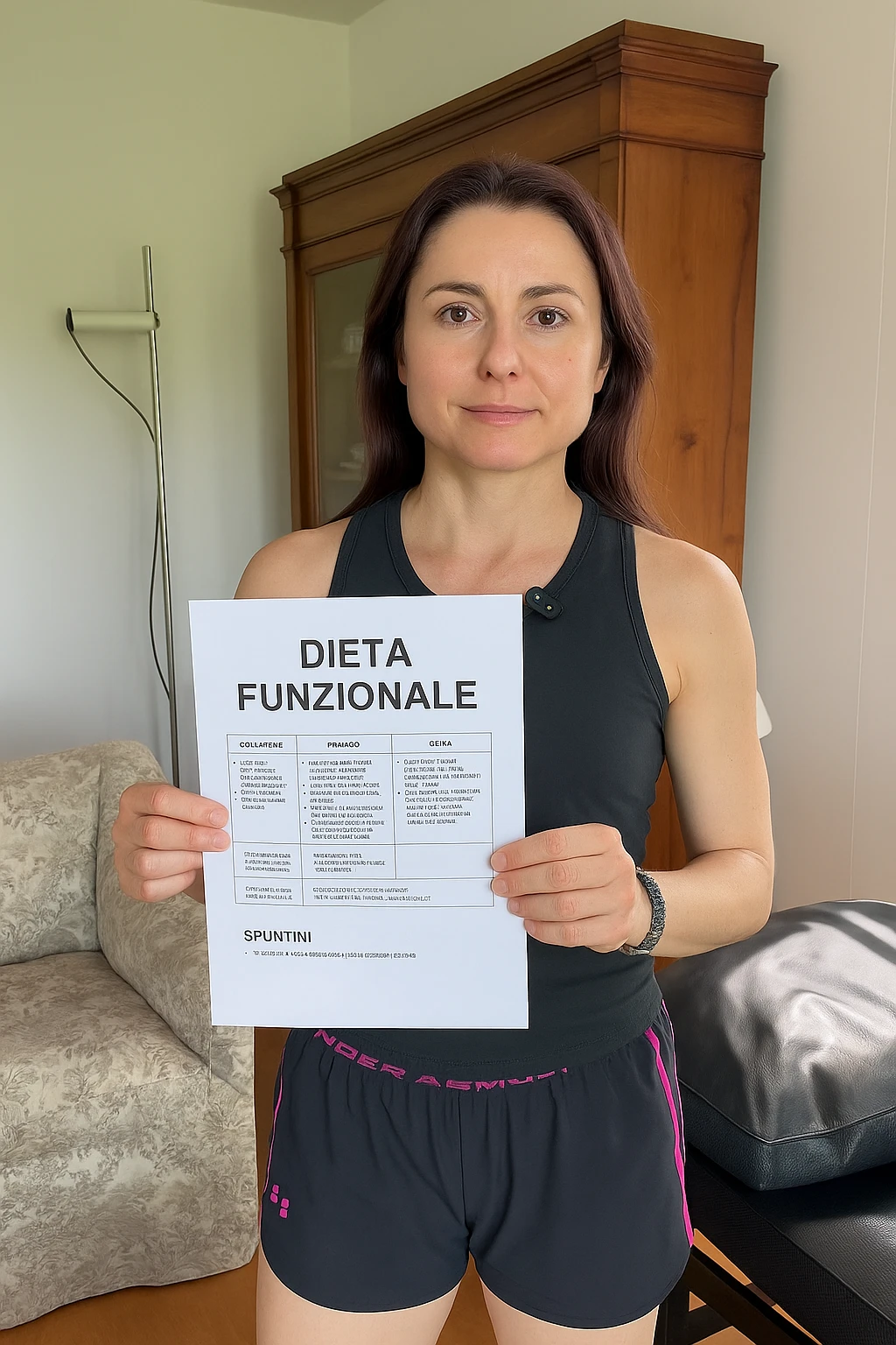 Donna con in mano una dieta con scritto "Dieta Funzionale" emoji