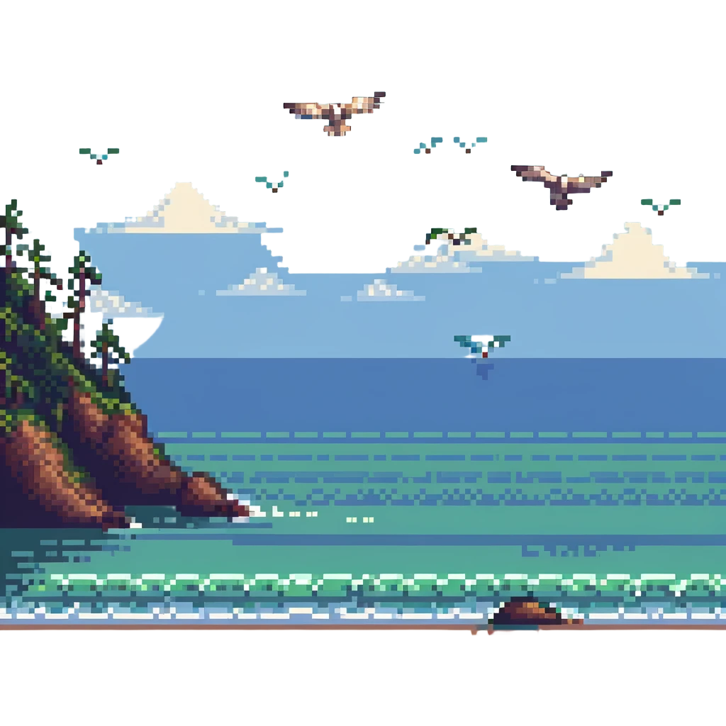 coastline with seagulls flying above in pixel art style emoji