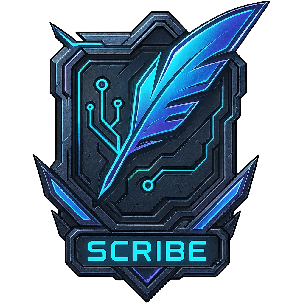a metal insignia badge for a "scribe", space scifi-futuristic cyberpunk futurepunk emoji